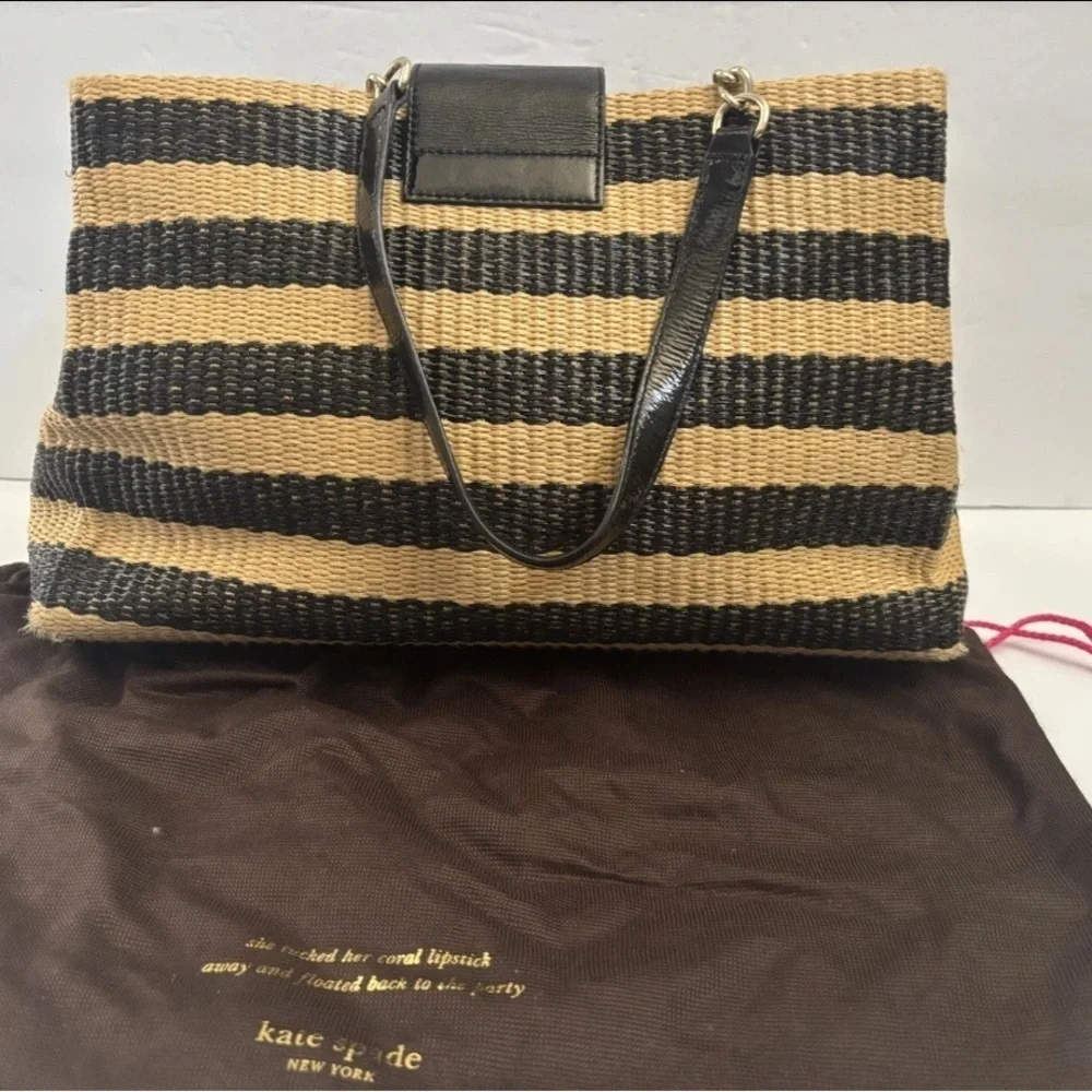 Kate spade Handbag Satchel Straw Leather Shoulder Bag Black Camel Striped